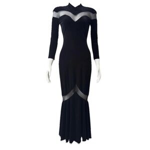 Vintage Cache Gold Label Black Velvet Mesh BodyCon Mermaid Fit Dress XS Luxury